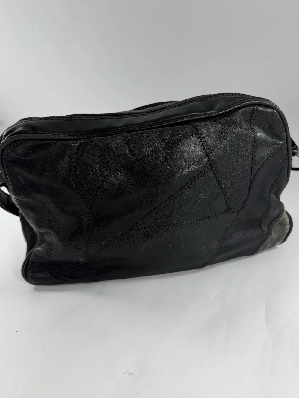 Y2K Black Leather Patchwork Shoulder Bag Grunge Boho Zip Purse